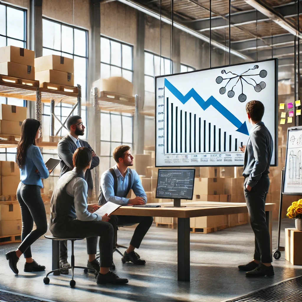 A small operations team reviews customer order data and process diagrams after a service failure.